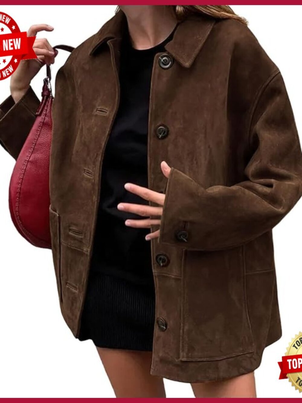 Faux Suede Leather Boyfriend Shacket Long Midi Coat Button Down Casual